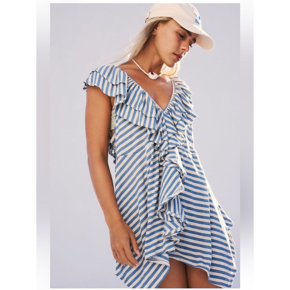 FP Beach Calista Tunic Ruffle Stripe Beach Cover Up